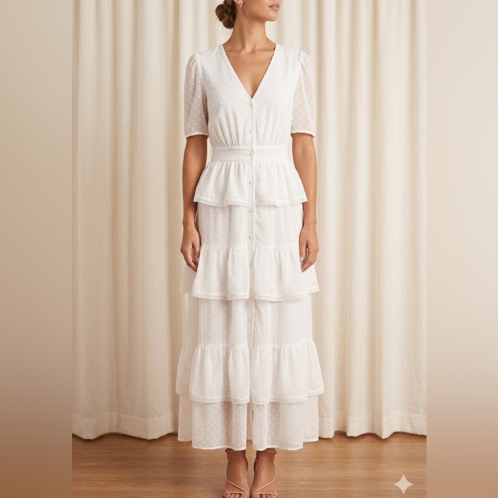 Free The Roses Swiss Dot Tiered Ruffle Midi Maxi Dress size medium